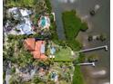 Stunning aerial view showcasing the estate's lush landscaping, private pool, and waterfront location with boat dock at 3930 Red Rock Way, Sarasota, FL 34231