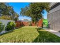 Well-maintained backyard featuring lush green grass, mature trees, and modern fencing for privacy at 2254 Hawthorne St, Sarasota, FL 34239