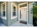 Charming front door with sidelight and transom window, complemented by the light blue exterior at 2006 Red Lake Run, Bradenton, FL 34211