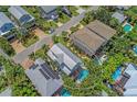 Aerial of backyard with pool surrounded by lush landscaping; solar panels on nearby house at 312 61St St # A, Holmes Beach, FL 34217