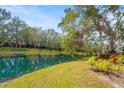 A peaceful backyard view showcases a tranquil pond with lush greenery and vibrant landscaping at 28 Tall Trees Ct, Sarasota, FL 34232