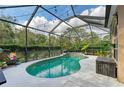 Inviting pool with screened-in enclosure, landscaped surroundings, and overhead string lights at 7305 Birds Eye Ter, Bradenton, FL 34203