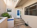 Warm and inviting entryway with tiled steps and a blue-tiled planter with lush plants at 1718 Starling Dr # 104, Sarasota, FL 34231