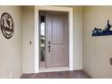 Elegant front door with sidelight, decorative metal art, and a welcoming entrance at 26833 Weiskopf Dr, Englewood, FL 34223