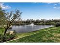 Scenic backyard overlooking a tranquil lake with a fountain and lush green lawn at 3617 Fair Oaks Pl, Longboat Key, FL 34228