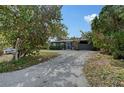 Exterior view of the home with a long gravel driveway and mature trees at 2130 Temple St, Sarasota, FL 34239