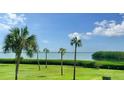 Picturesque water view framed by tropical palms and vibrant green lawn at 4600 Gulf Of Mexico Dr # 202, Longboat Key, FL 34228