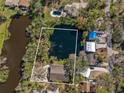 Aerial view displays house with pond, neighborhood, and outlined property lines at 4540 Murdock Ave, Sarasota, FL 34231