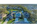 An aerial view of a neighborhood featuring houses with landscaped yards and a pond at 5709 Sunflower Cir, Sarasota, FL 34238