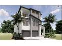 Two-story modern house featuring a two-car garage, balcony, and lush tropical foliage at 4903 Commonwealth Dr, Sarasota, FL 34242