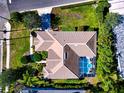 Aerial view of home with a private screened pool and well-manicured yard showcasing impeccable outdoor living at 8224 Waterview Blvd, Lakewood Ranch, FL 34202