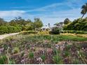 Expansive, well-manicured front yard featuring lush greenery and a beautifully landscaped garden at 1909 Field Rd, Sarasota, FL 34231
