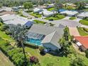 Aerial view of a house with screened-in pool in a neighborhood near a pond at 1878 Killdeer Ct, Venice, FL 34293