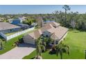 Overhead view of a beautifully landscaped single-Gathering house with a long brick driveway, 3 car garage, and serene water view at 5412 72Nd E Ter, Ellenton, FL 34222
