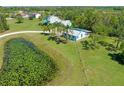Aerial view of a light blue home and accessory structure, a lily pad pond, and a lush green yard with palm trees at 7677 Saddle Creek Trl, Sarasota, FL 34241