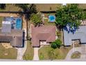 Aerial view of property shows backyard swimming pool with lush landscaping and privacy fence at 260 Hammock Ter, Venice, FL 34293