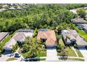 Beautiful aerial view of a single-story home with a screened-in pool and mature landscaping at 4740 Carrington Cir, Sarasota, FL 34243