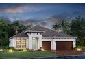 Beautiful single-story home with dark wooden garage doors, a tile roof, and lush landscaping at 7561 Nighthawk Dr, Sarasota, FL 34241