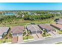 A serene aerial view of a neighborhood showcases well-maintained homes near a lake at 6179 Mesa Gln, Bradenton, FL 34203