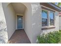 Covered front entrance with brick pavers and a teal painted front door, offering an inviting welcome at 17216 Star Banks St, Wimauma, FL 33598