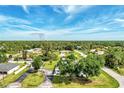 An expansive aerial view showcasing the property's lush landscaping, tree coverage, and neighborhood layout at 3514 Laslo Ave, North Port, FL 34287