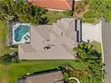A bird's eye view of a private pool, a well-maintained roof, and lush landscaping in a peaceful backyard at 12420 Aster Ave, Bradenton, FL 34212