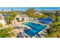 Resort style community pool area with covered seating, palm trees, and lake view at 11371 Perico Isle Cir, Bradenton, FL 34209