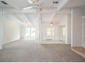The expansive living room features a vaulted ceiling, neutral carpet, and large windows at 4453 Meadow Creek Cir, Sarasota, FL 34233