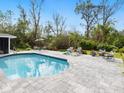 Relaxing backyard pool area with comfortable lounge chairs and lush landscaping at 749 Tropical Cir, Sarasota, FL 34242