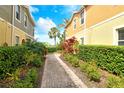 Landscaped walkway showcasing lush greenery, palm trees, and colorful plants between buildings at 7979 Limestone Ln # 14-101, Sarasota, FL 34233