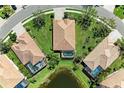 Aerial view of a home surrounded by a manicured lawn, screened lanai, and serene pond at 428 Grand Preserve Cv, Bradenton, FL 34212