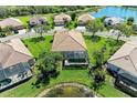 Real estate aerial view of a home with a screened lanai backing up to a scenic pond at 428 Grand Preserve Cv, Bradenton, FL 34212