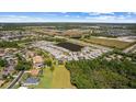Wide aerial view of the community showcasing homes, a pond, and surrounding wooded areas under a blue sky at 3617 Wild Blossom Pl, Parrish, FL 34219