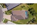 Aerial view showcasing the home's roof, screened pool, landscaping, and proximity to neighboring properties at 3617 Wild Blossom Pl, Parrish, FL 34219