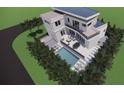 Aerial view of a modern home with a pool, patio seating, and a balcony at 610 Hibiscus Way, Longboat Key, FL 34228