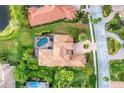 A luxurious home with a red tile roof, manicured landscaping, private pool, and backyard lake access at 6822 Dominion Ln, Lakewood Ranch, FL 34202