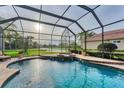 Sparkling screened-in pool and spa offers a tranquil view of the lush backyard and a serene lake at 6822 Dominion Ln, Lakewood Ranch, FL 34202
