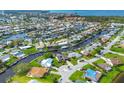 Panoramic aerial view highlighting the waterfront homes along a winding canal, lush tropical foliage, and the beauty of coastal living at 4704 Coral Lake Dr, Bradenton, FL 34210
