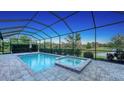 Screened in pool and hot tub area surrounded by lush greenery with a scenic view at 11606 Apple Tree Cir, Bradenton, FL 34211