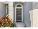 Welcoming front door with decorative wreath, complemented by colorful plants and a 'hello' mat at 16620 Fairbolt Way, Odessa, FL 33556