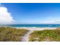 A pristine sandy beach meets the turquoise ocean under a clear blue sky, framed by native dune grasses at 845 Benjamin Franklin Dr # 104, Sarasota, FL 34236