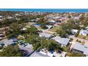 Desirable neighborhood aerial view featuring mature trees, lush landscaping, and a peek of the stunning ocean in the distance at 923 Dawn St, Venice, FL 34285