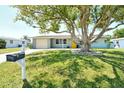 Single-story home featuring a well-manicured lawn and mature landscaping, complemented by a yellow front door at 568 Sheridan Dr, Venice, FL 34293