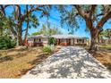 Attractive single-story home with mature trees and a long driveway leading to the property at 7299 S Leewynn Dr, Sarasota, FL 34240