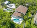 Stunning aerial view of a home featuring a refreshing pool and lush landscaping creating a private oasis at 4013 Red Rock Ln, Sarasota, FL 34231