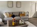 Cozy living room featuring a comfortable gray sofa, decorative pillows, and modern artwork on the wall at 831 Bacon Ave, Sarasota, FL 34232