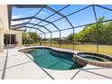 Screened pool with attached spa overlooking a lush green backyard and pond at 12810 Kite Dr, Bradenton, FL 34212