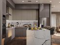 Modern kitchen featuring sleek cabinetry, marble countertops, stainless steel appliances, and a spacious island at 3901 30Th S Ave, St Petersburg, FL 33711