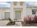 Inviting front entrance with double doors, well-maintained landscaping and stylish walkway at 8405 Golden Beach Ct, Parrish, FL 34219