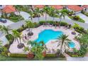 Community pool surrounded by lush greenery and palm trees, offering a resort-like experience at 7334 Regina Royale # 74, Sarasota, FL 34238